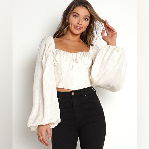 (XS) NWT $135 For Love And Lemons Janet Puffy Long Sleeve Ivory Corset Top - Picture 6 of 10
